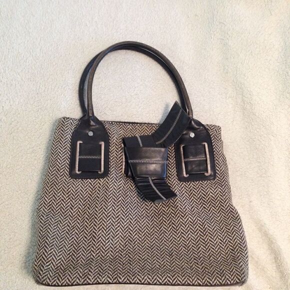 Tommy Hilfiger Y2K Chevron print tweed top handle bag faux bow large brown - Picture 1 of 8